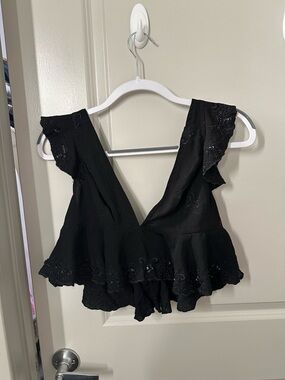 Free People Black Embroidered Peplum Tank